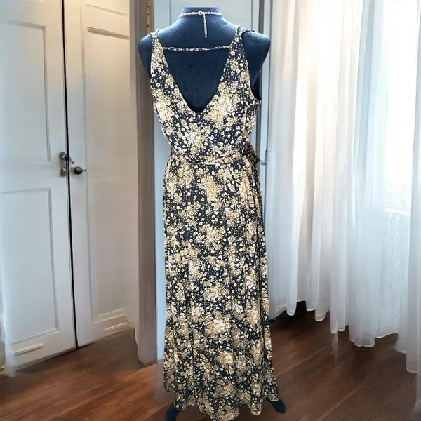 Rebecca B. Floral Maxi Dress‎ Women's Size 10 Black Tan Boho Sleeveless Wrap - Image 5