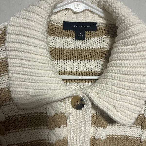 Ann Taylor Beige and White Striped Cardigan - Image 2