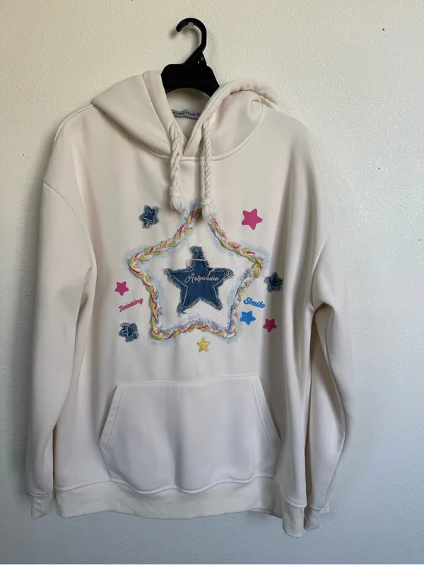 Elfric Eden Star Graphic Hoodie Cream Fleece Y2K Streetwear M - Image 2