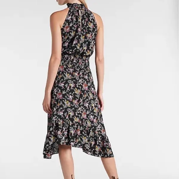 Express high mock neck smocked black ditsy floral midi dress size medium - Image 3