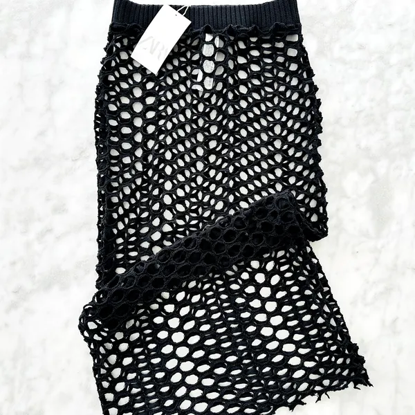 ZARA Crochet Maxi Skirt Black Cover-Up Beach Size Small NEW Cotton Knit - Image 6