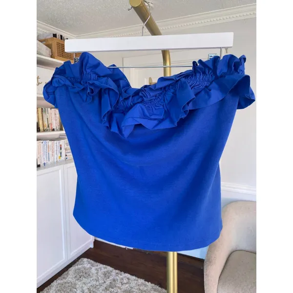 Maeve Anthropologie Blue Ruffle Tube Top Clean Girl Quiet Luxury‎ 4th of July XL - Image 2
