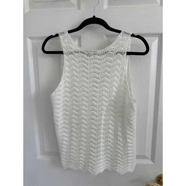 Lillusory White Crochet Knit Tie Front Sleeveless Top Chevron Pointelle Large - Image 3