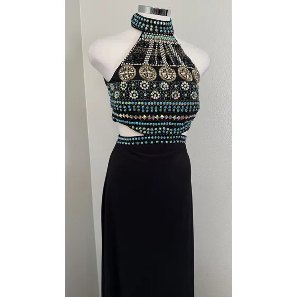 Crystal Doll Black Halter Neck Cutout Beaded Maxi Dress‎ Size 9 Prom Formal - Image 5