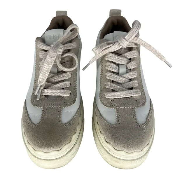 Chloé‎ Lauren Leather Suede Platform Sneakers White Beige 37 - Image 7