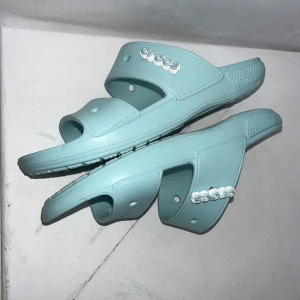 Crocs Classic Two-Strap Slide Sandals Aqua Blue Jibbitz Attached Women's 9 - Image 12