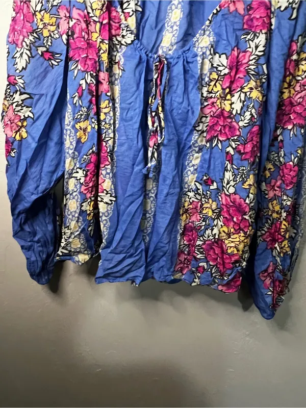 Free People Elena Sapphire Combo Blue Floral Boho Peasant Balloon Sleeve Top - Image 4