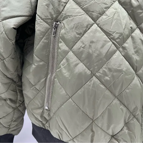 Zeagoo Women’s Green Khaki Quilted Bomber Jacket Black Bibbed neck Trim/Cuffs-L - Image 6