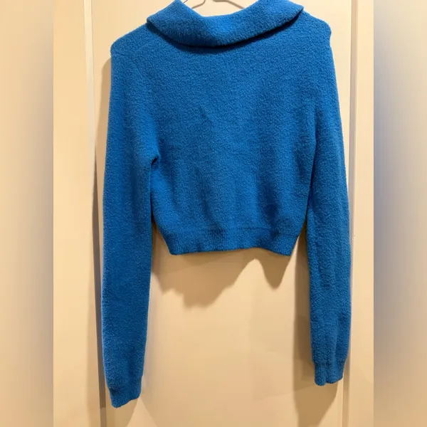 ZARA Cropped Fuzzy Knit Polo Sweater – Blue – Size S‎ - Image 2