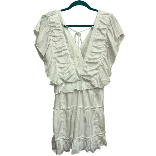 Glam White Ruffle Mini Dress Boho Cottagecore Tie‎ Back Flowy Babydoll Large - Image 3