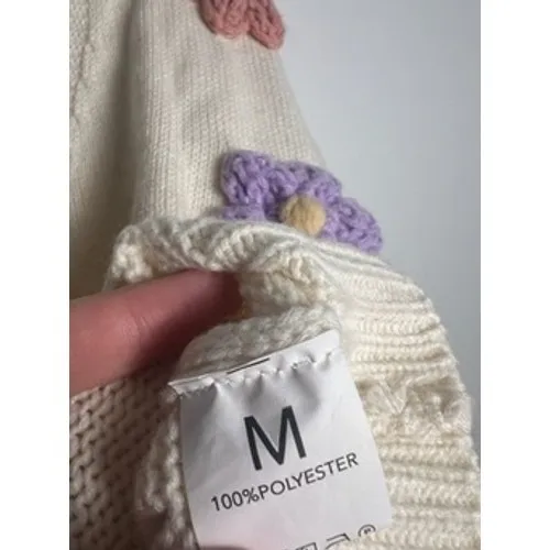 Med Cream‎ Knit Cardigan with 3D Crochet Flower Applique Cottage Boho Feminine - Image 3