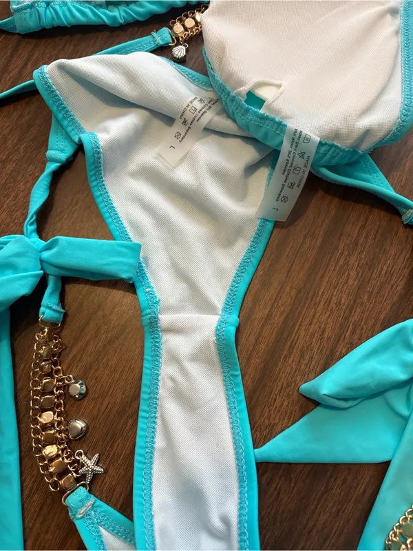 NEW Turquoise Beaded Charms Seashell Nautical Tie Side Triangle Bikini Set NWOT - Image 4