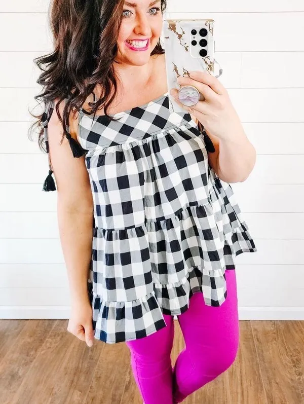 Entro gingham plaid black top tassels NWOT e - Image 7