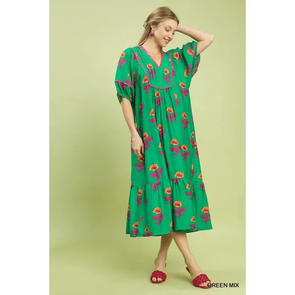 Umgee Floral Print Midi Dress - Green - Small - Image 4