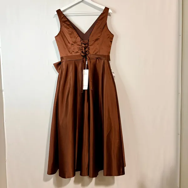 Miss Veil Satin Tea Length Dress Bow Detail Double V Neck Formal Brown Small NWT - Image 9