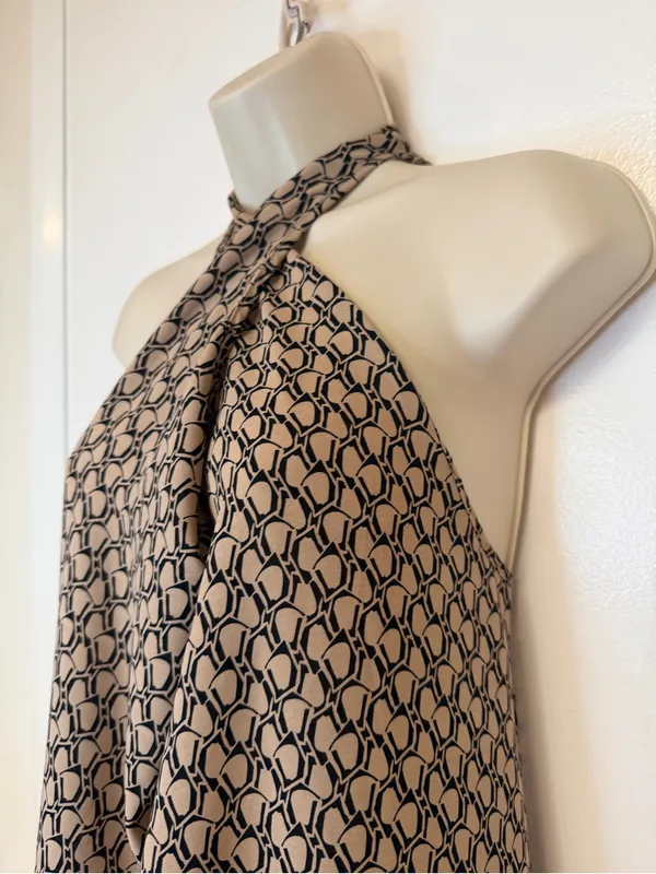 EMERY ROSE Size S Halter Mini Dress Beige Black Geometric Print Ruffle Hem - Image 6