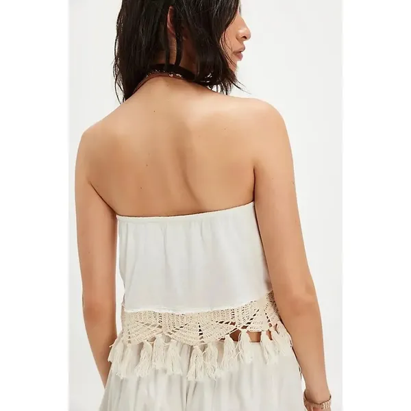Free People Womens White Cotton Crochet Tassel Handkerchief‎ Tube Top Small Boho - Image 4