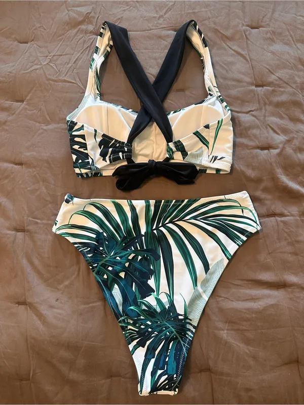 Cupshe Green Tropical Leaf Cross-Back High-Waist Bikini - Image 2