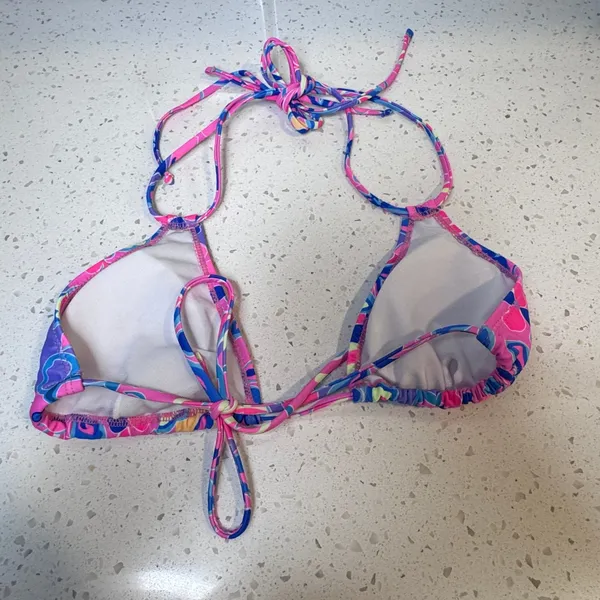 Pink‎ Blue Floral Triangle Bikini Top Halter Swimwear Women Small - Image 4