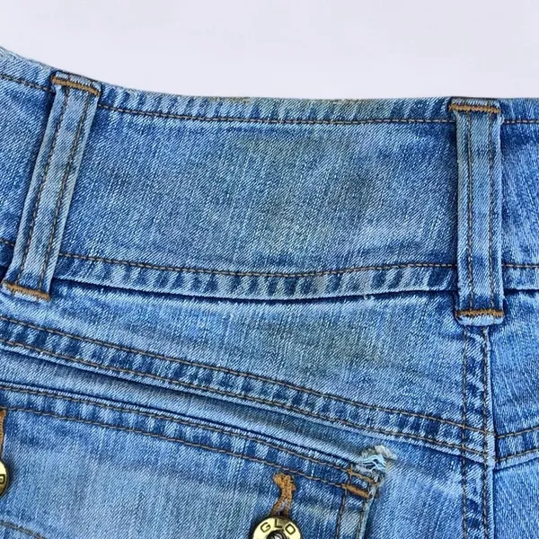 Y2K 2000s Grunge Micro Mini Baddie Hot Pants Low Rise Wide Band Denim Jean Booty Bimbo Shorts #goth #whimsigoth subversive acubi #cyber #punk biker whimsygoth #mcbling streetwear Size 1 - Measurement in pics - Image 8