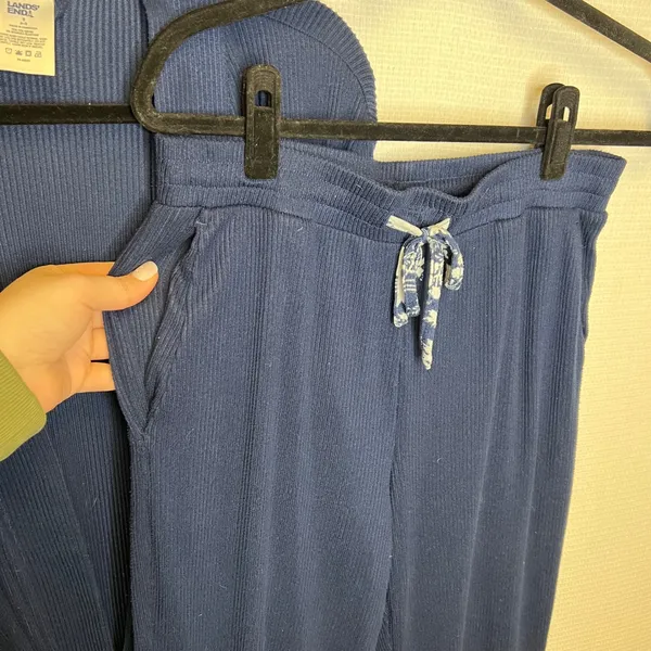 Lands End Womens Navy Blue Ribbed Knit Robe Pajama Pants Lounge Set‎ Size S 6-8 - Image 4