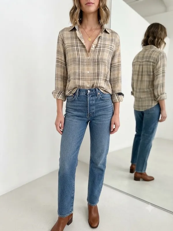 Classic Tan Beige Plaid Long Sleeve Button Down Shirt Blouse Casual Fall Size XL - Image 2