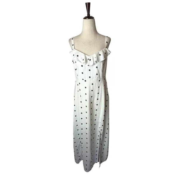 Old Navy Maxi Dress Women Medium White Polka Dot Ruffle Linen Blend Cami Retro - Image 2