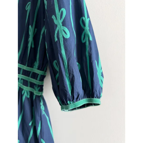 Umgee‎ Navy Blue Green Bow Print Cotton Midi Dress Medium Puff Sleeve - Image 8