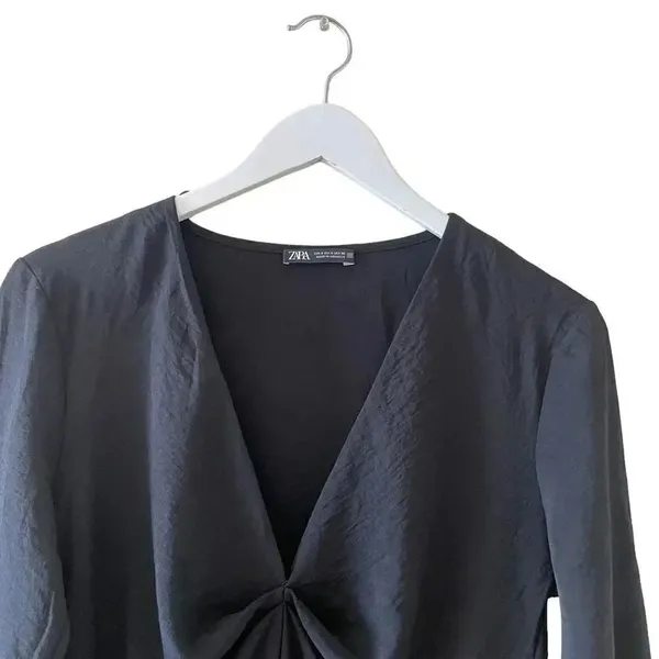 ZARA Black SHORT DRAPED DRESS Long Sleeves V-Neck Women’s Minimalist SZ S #1669 - Image 4