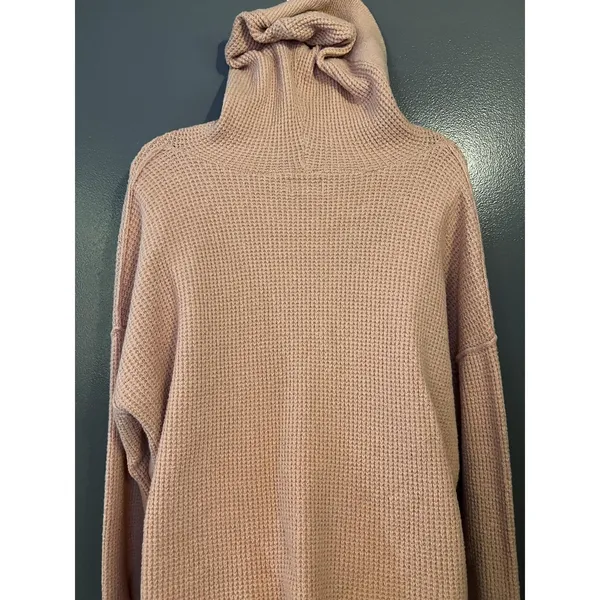 Aerie Sweater Womens Small Pink Waffle Knit Hooded V Neck Pullover Cozy Slouchy - Image 8