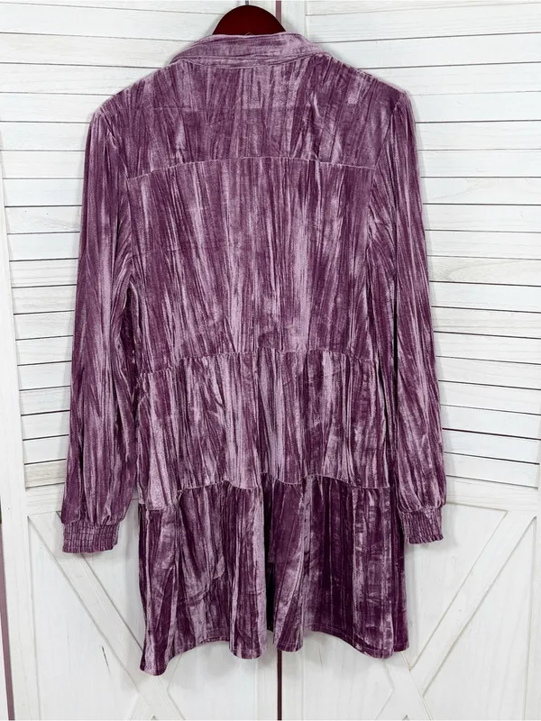 Cato Crushed Velvet Tiered‎ Babydoll Shirt Dress Mauve Purple XL Boho Cottage - Image 9