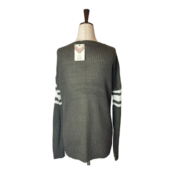 Pink Rose Olive Green V Neckline Striped‎ Sleeve Knit Pullover Sweater Size S - Image 2