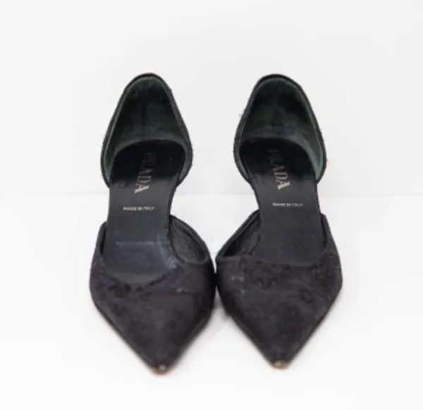 Prada Made In Italy Black Metallic Floral Flower D'Orsay Pointed High Heel Shoes - Image 2