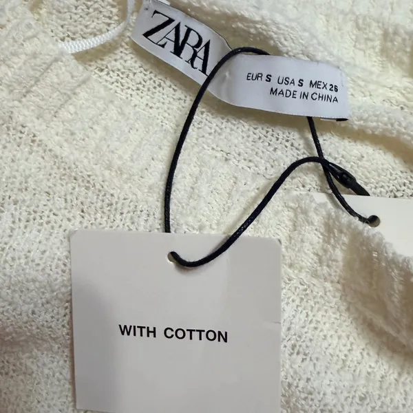 Zara Womens Cream Cotton Blend Puff Sleeve Cropped Knit Sweater Size Small NWT - Image 4