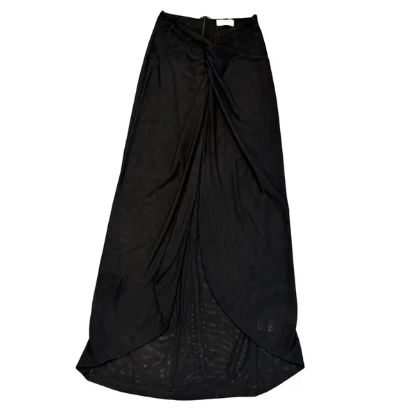 MESHKI Sheer Tulip Maxi Skirt Black Draped Mesh High Low Elegant Womens Medium - Image 2