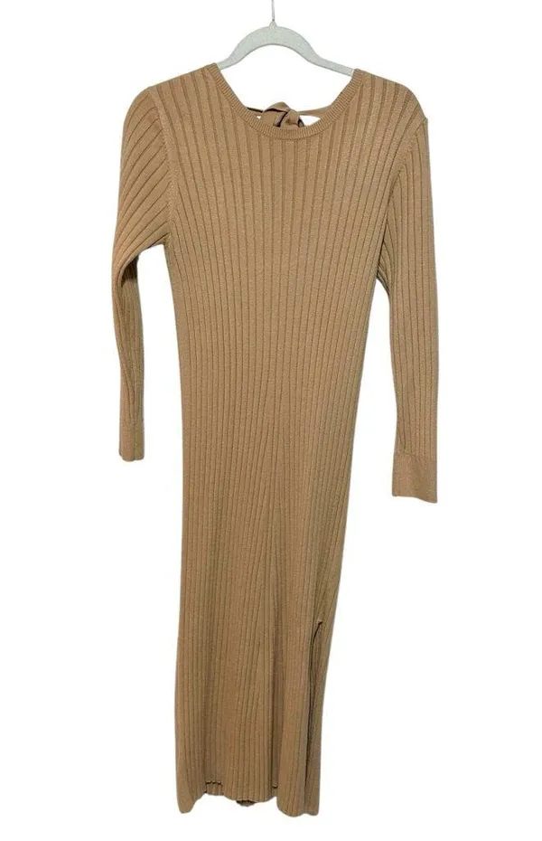 WAYF Dede x Emily Hollie Sweater Dress S BFFC Ribbed Knit Midi maternity tan - Image 4