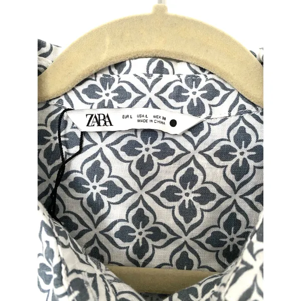 Zara Linen Blouse 3/4 Sleeve Button Front Print Shirt Womens Chic Top Sz L - Image 3