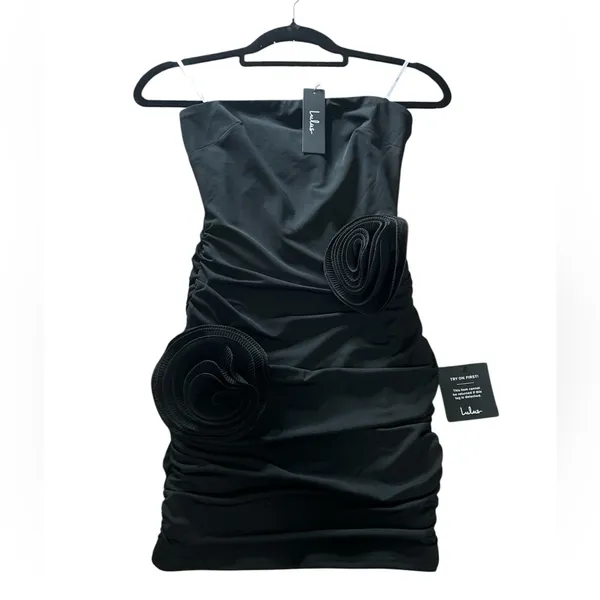 Lulu's Attentive Allure Black Strapless Rosette BodyconDress with Floral Details - Image 5