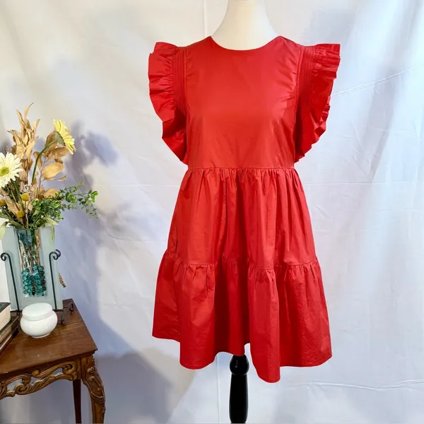 English Factory True Red Ruffle Sleeve Babydoll Tiered Mini Dress Sz S 🧡 - Image 11