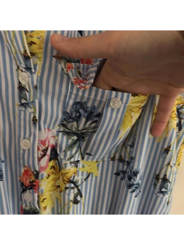 Spense Floral Blue and White Striped Jumpsuit Belt Loops and Pockets Vacation - Image 3