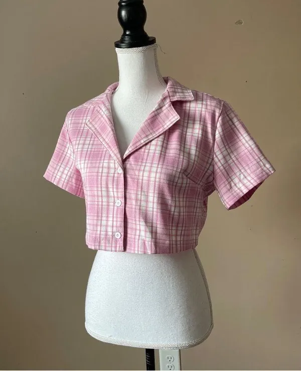 SHEIN | Pink Plaid Cropped Button Down Top Sz L - Image 2