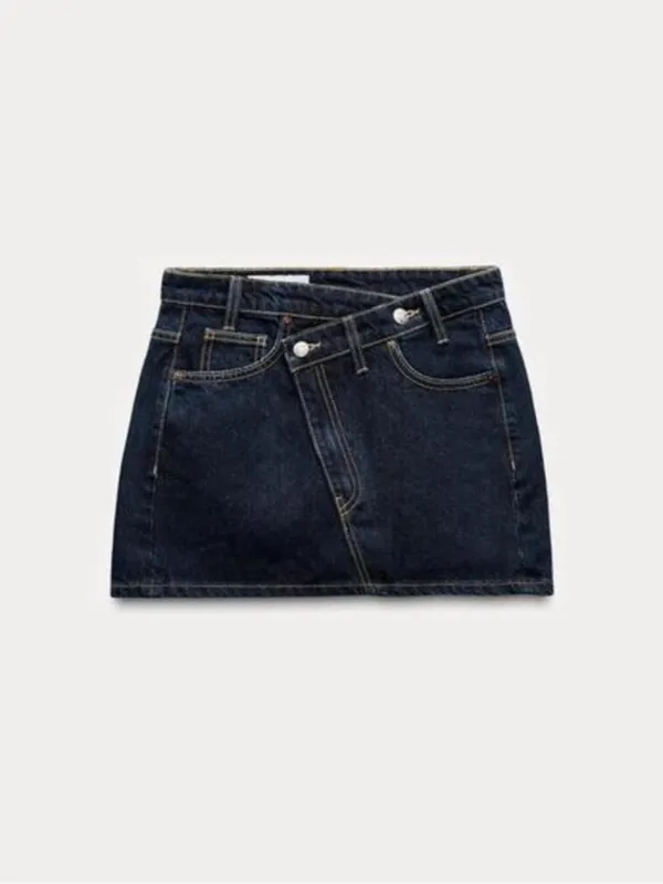 Zara dark wash crossover waist denim mini skirt size small - Image 8
