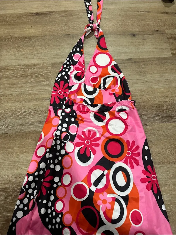 Women’s Pink Floral & Circle Print Halter open back retro dress costume - Image 2