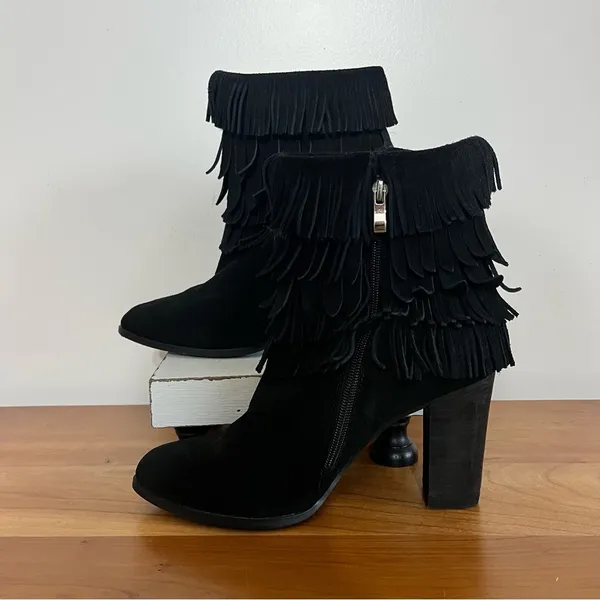 Women’s Catherine Malandrino‎ Domenica Black Fringe Bootie Ankle Boots Size 8 - Image 2