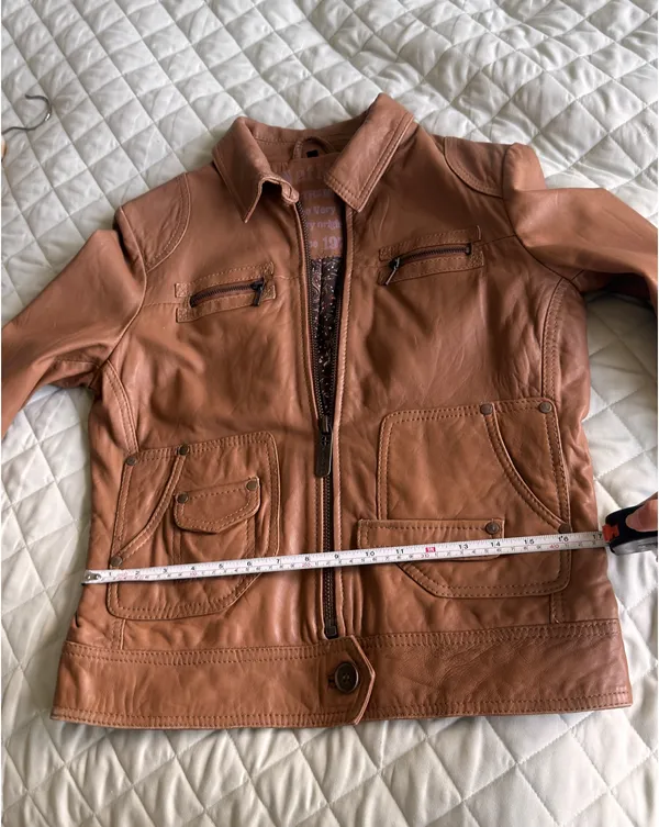 Vintage Naf Naf Cognac Genuine Sheepskin Leather Zip front Jacket Women’s L M - Image 3