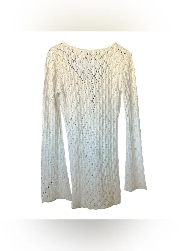 Streetwear Society Crochet Knit Mini Dress Beige Bell Sleeve Size L - Image 4