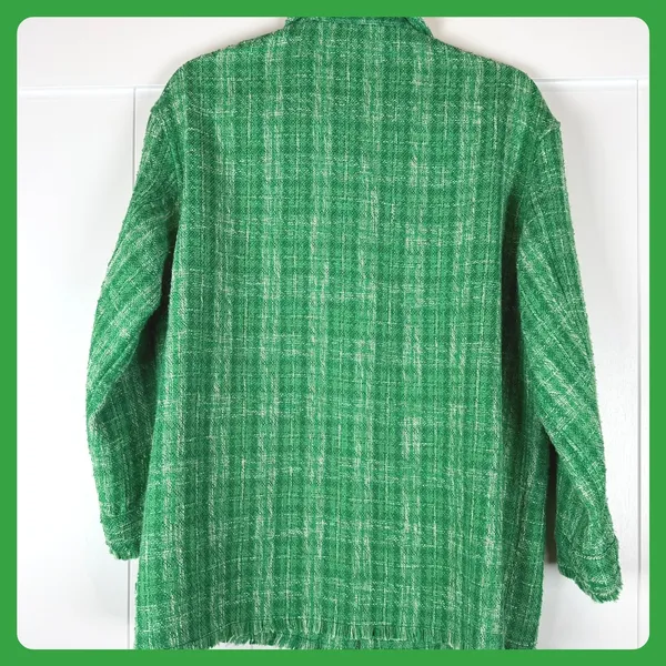 Zara Green Tweed Shacket XS Shirt Jacket Plaid Fringed Hem Y2K Vintage Old Money - Image 5