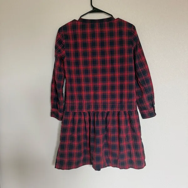J.Crew Red Navy Plaid Drop Waist Pintuck Pleated Button Front Dress‎ Womens 8 - Image 2