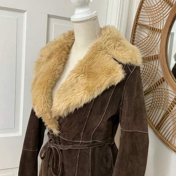 Y2K Wilsons Penny Lane Suede Leather Jacket M Chocolate Brown Afghan Western VTG - Image 4