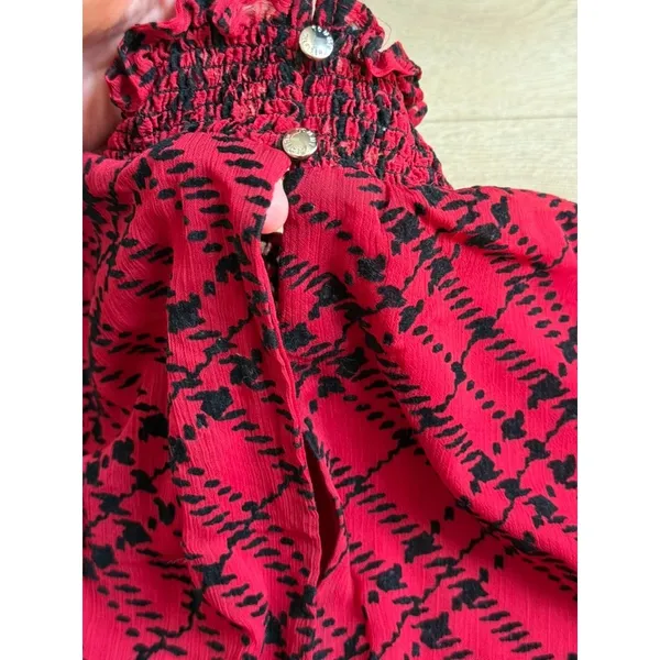 EUC Tommy Hilfiger Womens Red Flocked Plaid Flowy Dress velvet detail Size 14 - Image 14